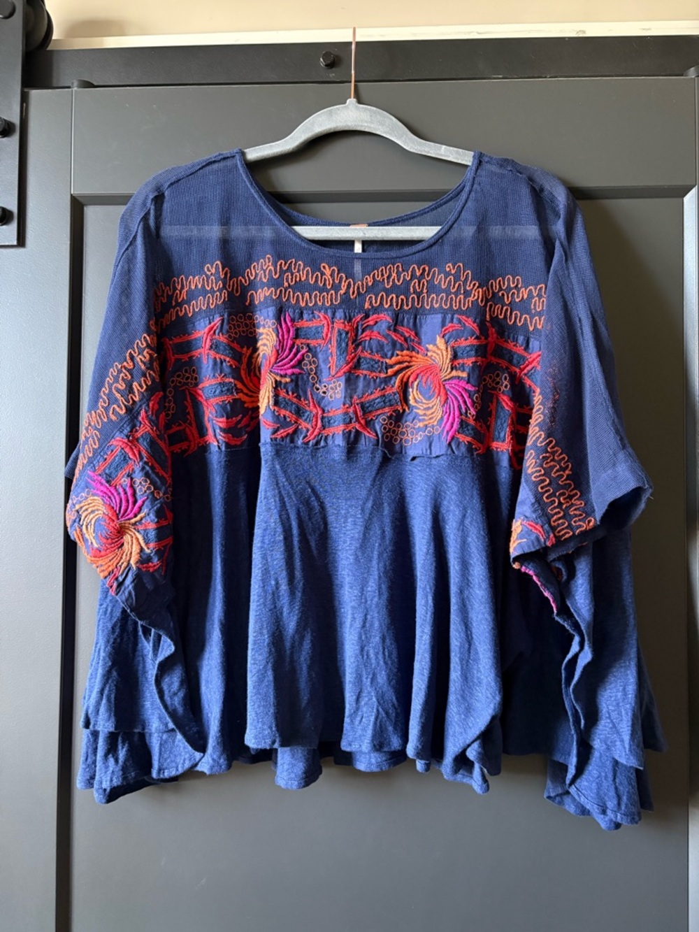 NWT Free People Navy Boho Embroidered Swing Top | Pink & Orange Accents | Linen